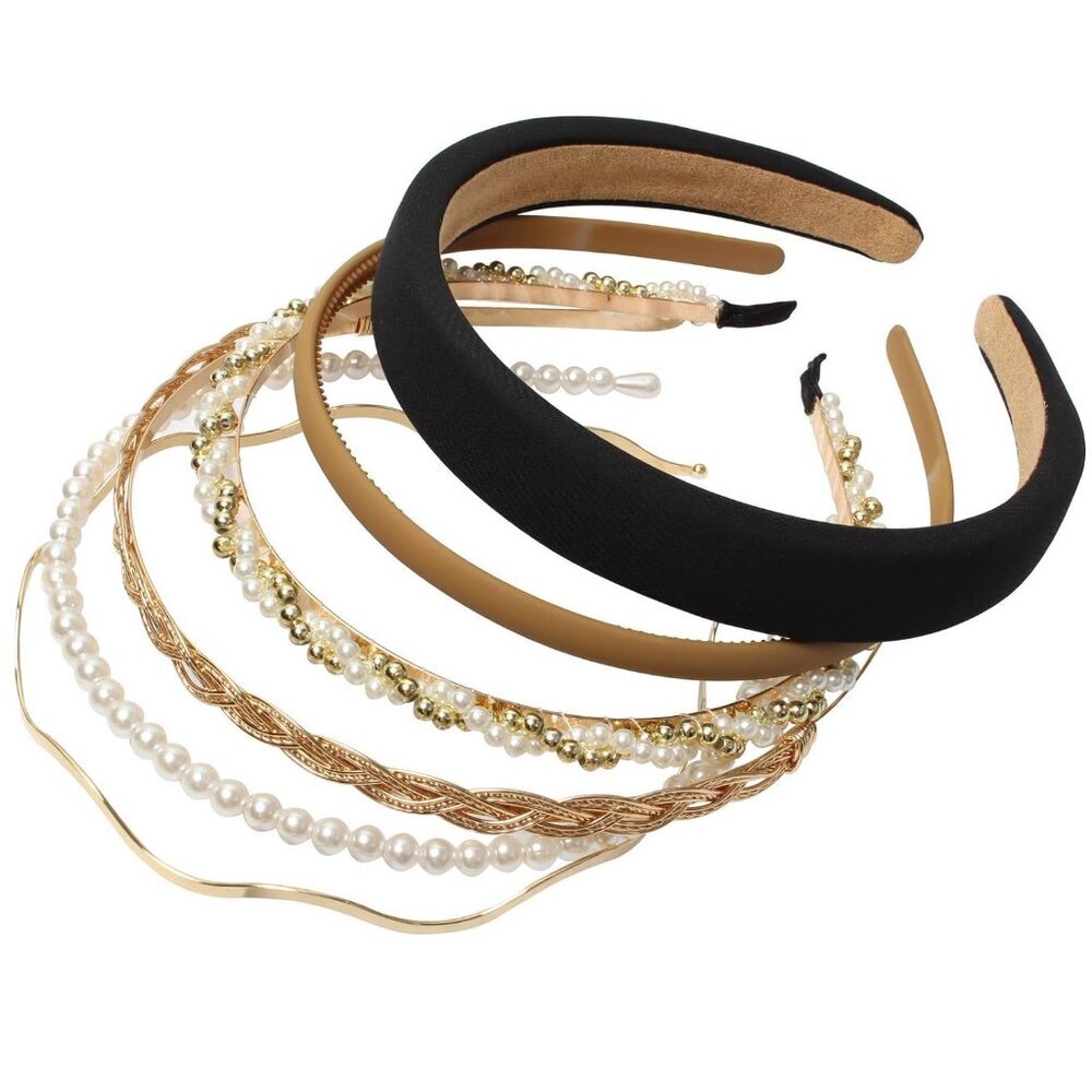 6PCS Different Designs Headbands for Women Gold Metal Hairband,Cute Pearl Hair B